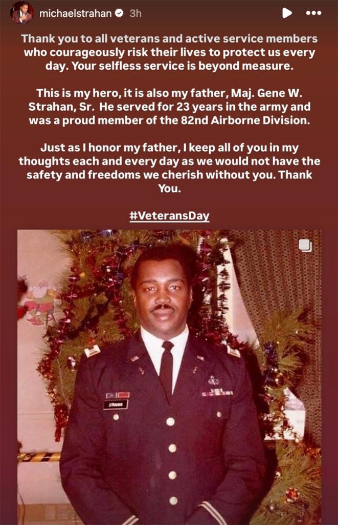 Michael Strahan honors his father, Maj. Gene W. Strahan, Sr. on Veterans Day on Nov. 11, 2024.